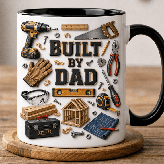 Built by Dad Mug, 2D Flat Mug Gift for Dad, Father’s Day Tool Lover Coffee Cup
