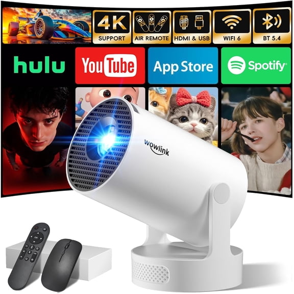 [Built-in Apps & 2026 Upgraded] Mini Projector with WiFi 6 and Bluetooth 5.4 Support 4K 1080P Auto Keystone 180 Rotatable Projector Portable Compatibile with HDMI/TV Stick/Memory Stick/Laptop, White