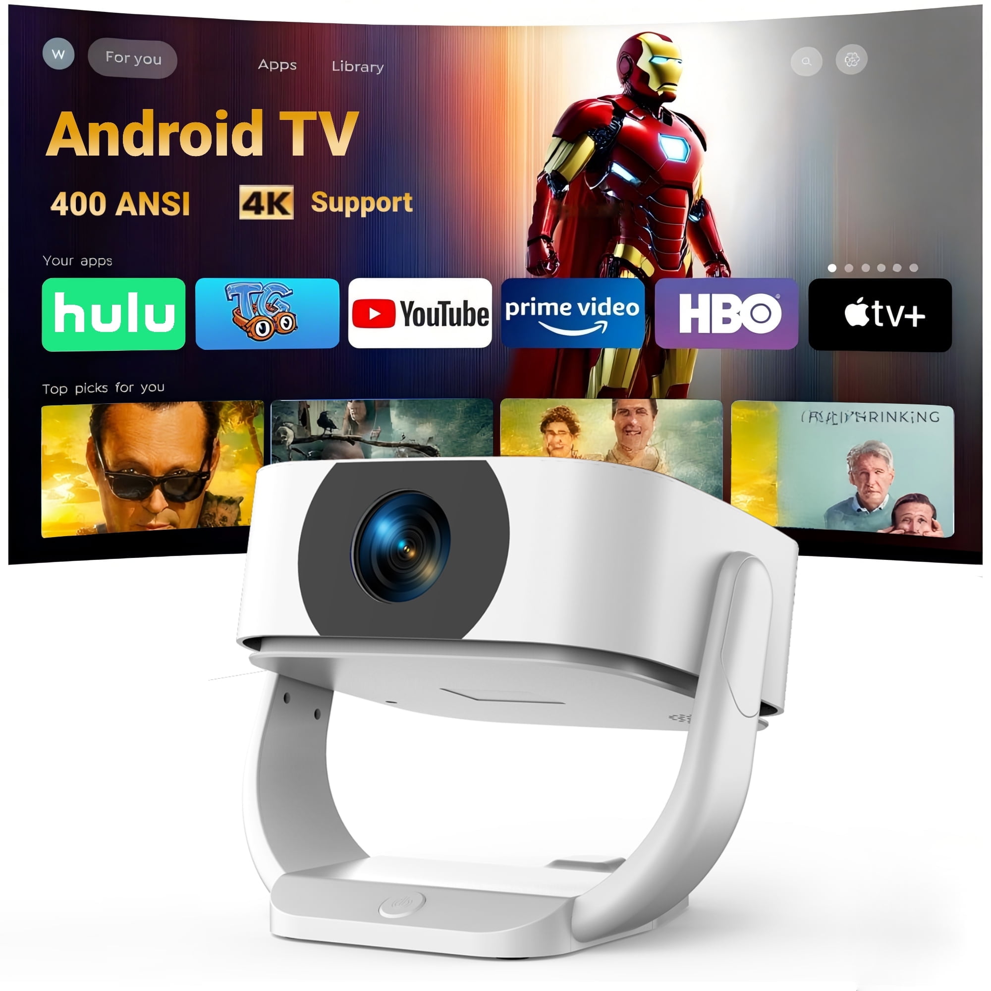 [Built-in Apps] GKLPO Projector 4K with WiFi and Bluetooth, 16000L Movie Projector with [Electric Focus and Auto Keystone], 270° Rotatable Portable Outdoor Projector for HDMI, USB, Phone