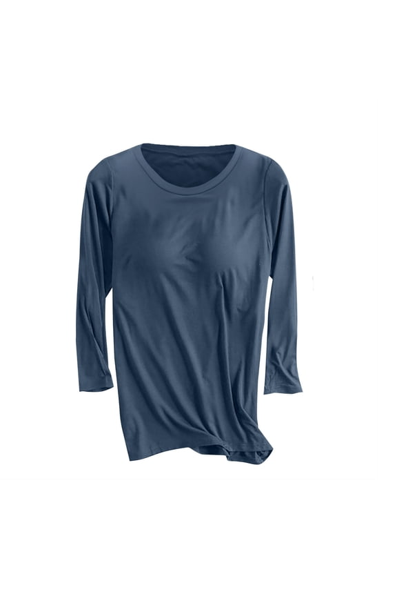Built in Bra 3/4 Sleeve Tops for Women Basic Slim Fit Tees Round Neck Blouses Basic Layer Shelf Bras T Shirts