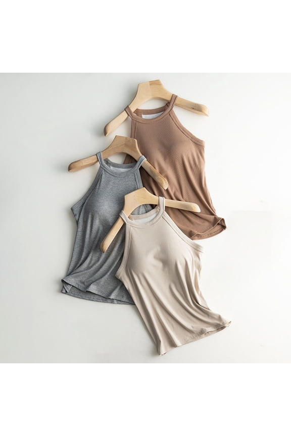 Built in Bra Camisole, Baberdicy Women's Padded Camisoles Built in Bra Sleeveless Solid Color Casual Layering Tank Tops One Piece Vest Top, Beige L