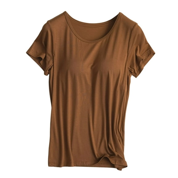 Built-in Bra T-Shirt for Women - Padded Active Tops with Short Sleeves - Soft Pajama/Casual Shirts for Workout/Yoga - Sizes M-XXXL