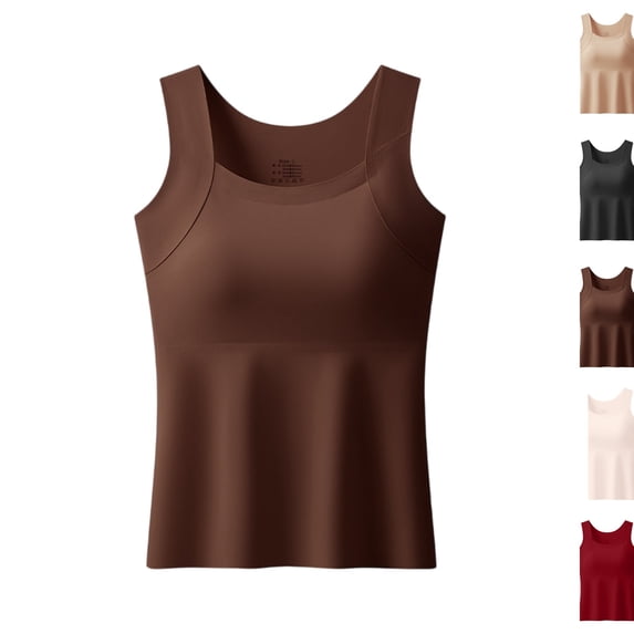 Built in Bra Tank Tops for Women Over 40 Tummy Control Wide Strap Camisole Seamless Shaper Shelf Bra Tanktops (Coffee,L)
