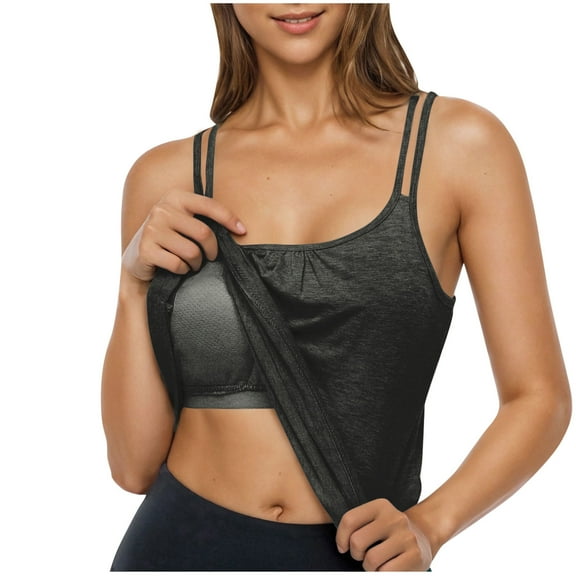Built in Bra Tank Tops for Women Sleeveless Casual Workout Yoga Vest Camisole Base Shirt Pajama Top with Chest Pad Dark Gray X-Large