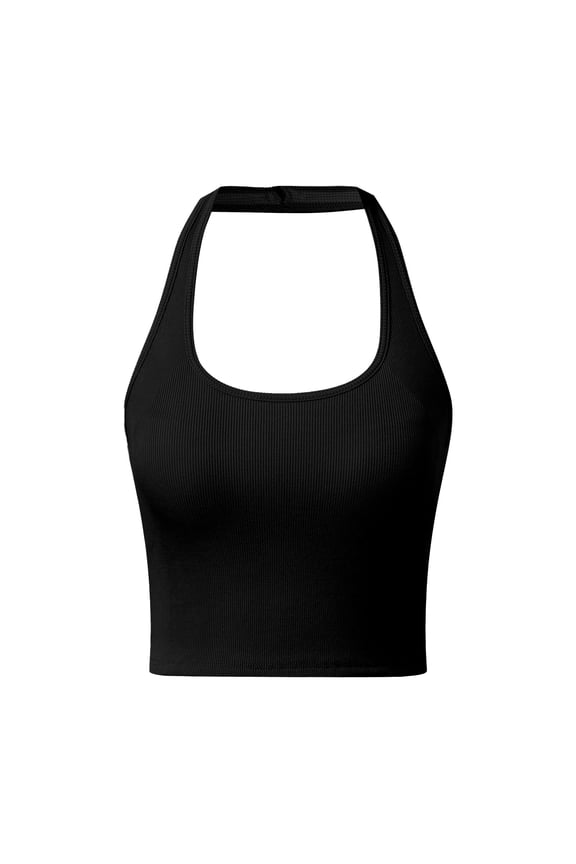 Built in Bra Tank Tops for Women Square Neck Sleeveless Backless Camisoles Ribbed Breathable Seamless Stretch Athletic Shirt Black, Size M