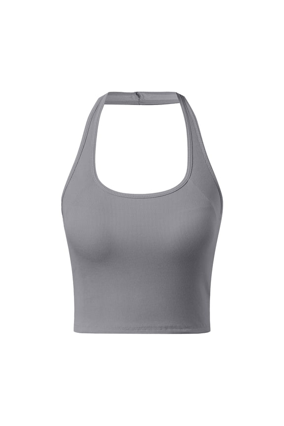 Built in Bra Tank Tops for Women Square Neck Sleeveless Backless Camisoles Ribbed Breathable Seamless Stretch Athletic Shirt Grey, Size XL