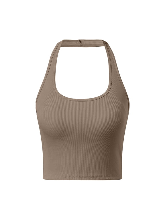 Built in Bra Tank Tops for Women Square Neck Sleeveless Backless Camisoles Ribbed Breathable Seamless Stretch Athletic Shirt Khaki, Size S