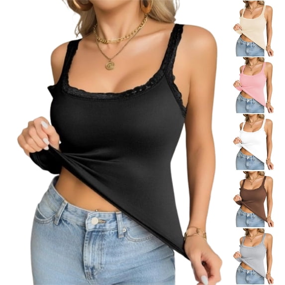 Built in Bra Tank Tops for Women Square Neck Sleeveless Tank Tops with Padding Casual Wide Strap Undershirt Daily Wear Black XL