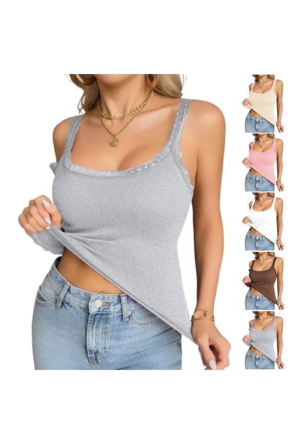 Built in Bra Tank Tops for Women Square Neck Sleeveless Tank Tops with Padding Casual Wide Strap Undershirt Daily Wear Gray M