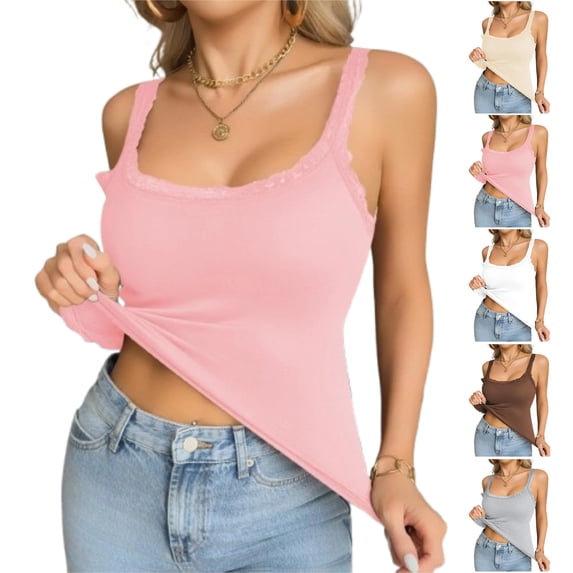 Built in Bra Tank Tops for Women Square Neck Sleeveless Tank Tops with Padding Casual Wide Strap Undershirt Daily Wear Pink S