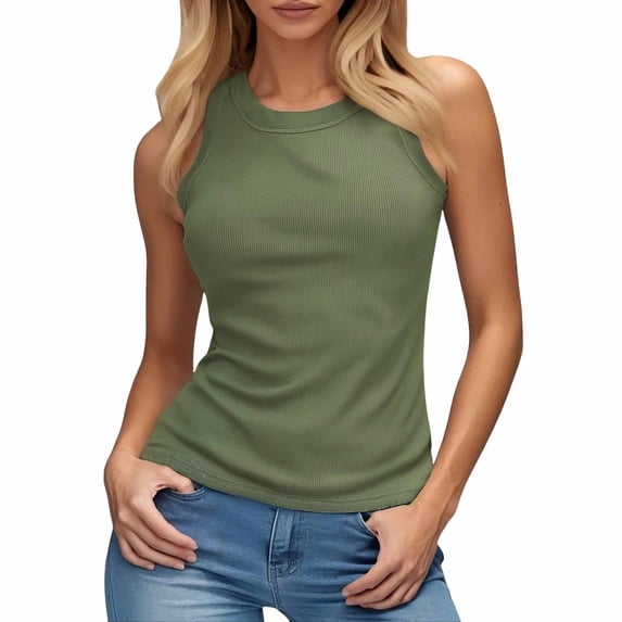 Built in Bra Tank Tops for Women Summer Ribbed Racerback Fitted Tanks Top Athletic Padded Shelf Bras Green M