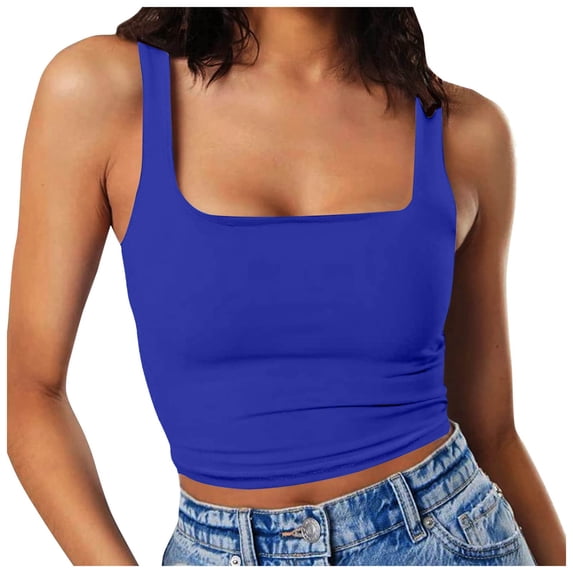 Built in Bra Tank Tops for Women Summer Sleeveless Racerback Square Neck Casual Basic Ribbed Tops Blue XL