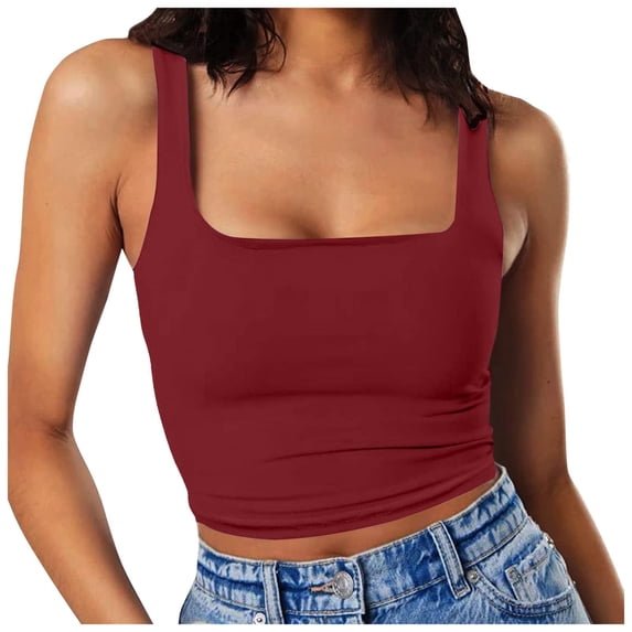Built in Bra Tank Tops for Women Summer Sleeveless Racerback Square Neck Casual Basic Ribbed Tops RD1 S