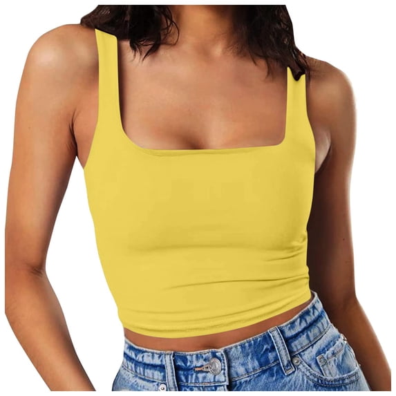 Built in Bra Tank Tops for Women Summer Sleeveless Racerback Square Neck Casual Basic Ribbed Tops Yellow M