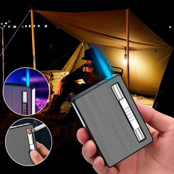 Built-in Lighter Cigarette Case, Windproof Refillable Butane Torch Lighter, Automatic Ejection Case, Portable Metal Cigarette Holder with Jet Lighter, Gift for Smokers, Outdoor Travel