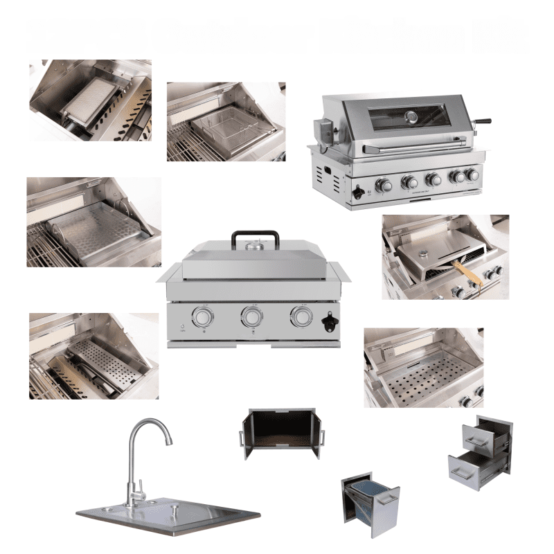 Built-in Outdoor Kitchen 32 inch LPG Gas Grill 60000 BTU Stainless Steel Four burners Grill with Infrared Rear Bunrer and Door and Drawer Combo and Drop in Stainless Steel 304# Sink with BBQ Tool Set