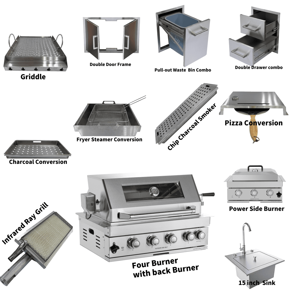 4-Burner Stainless Steel LPG Gas Grill with Infrared Rear Burner, Door, Drawer, and Sink