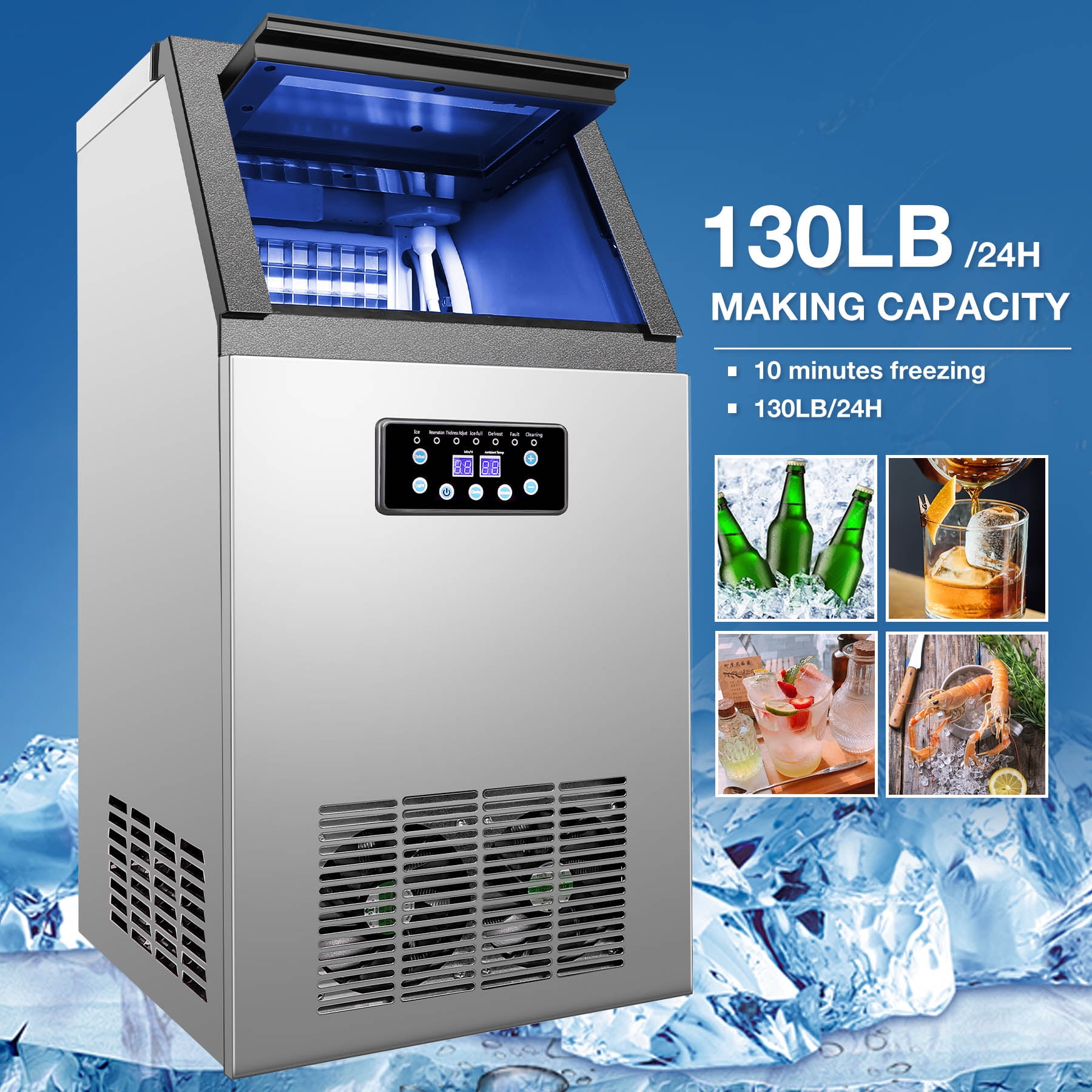 ZB-20B 40kg Ice Maker Commercial Milk Tea Shop Large Ice Cube Make Small  Home Fully Automatic Ice Making Crushed Ice One Machine