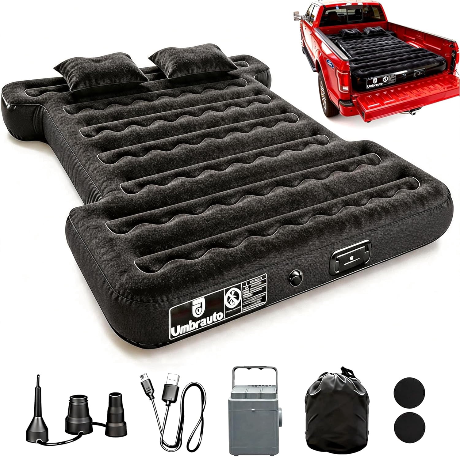 Built-in Pump Truck Air Mattress for 5.5-5.8ft Pickup Bed, Detachable Rechargable Pump Airbed for Full Size Pickup Short Truck Beds Outdoor Camping(Black)