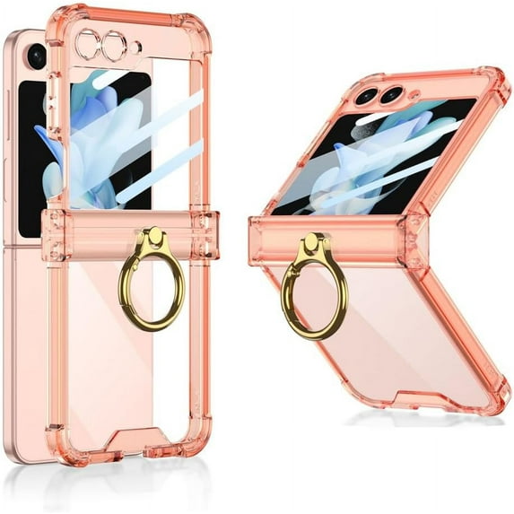 Built-in Screen Protector Case for Samsung Galaxy Z Flip 5 5G,with Ring Kickstand Holder Shockproof 4 Corners Airbag Transparent Slim Flip5 Cover (Pink)