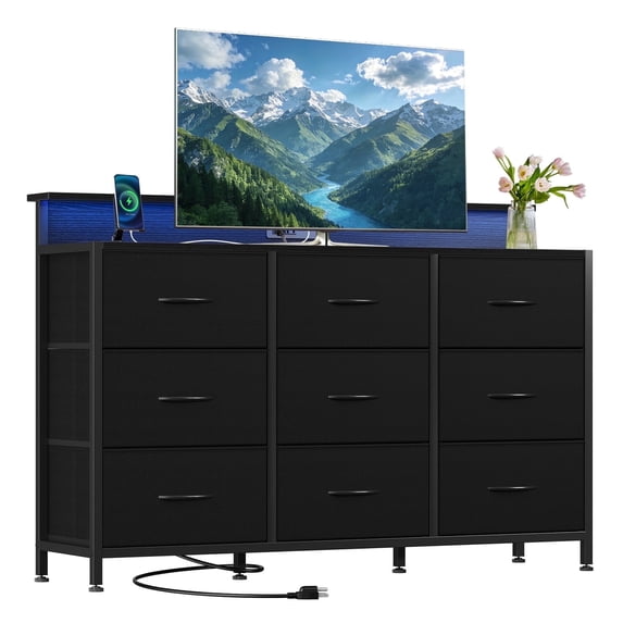 edx 9-Drawer Fabric Dresser with Power Outlets & LED Light, Multifunctional TV Stand Storage Cabinet for Bedroom, Living Room, Office & Hallway, Black
