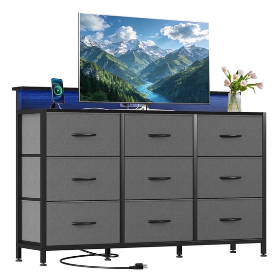 edx 9-Drawer Fabric Dresser TV Stand, Multifunctional Storage Cabinet with Power Outlets & LED Light, Gray