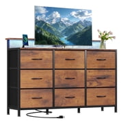 edx 9-Drawer Fabric Dresser TV Stand, Multifunctional Storage Cabinet with Power Outlets & LED Light, Rust