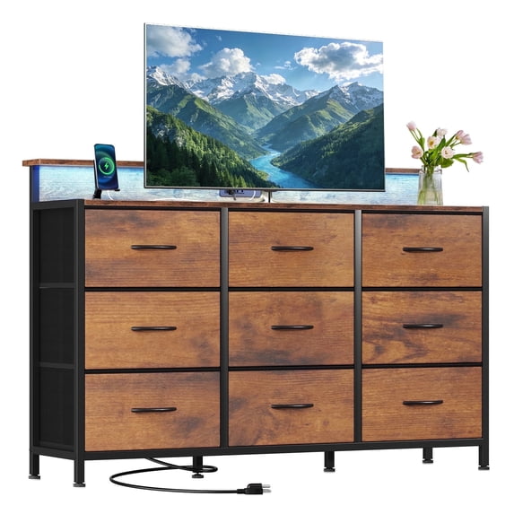 edx 9-Drawer Fabric Dresser with Power Outlets & LED Light, Multifunctional TV Stand Storage Cabinet for Bedroom, Living Room, Office & Hallway, Rust