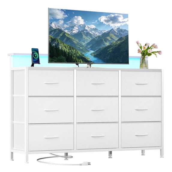 edx 9-Drawer Fabric Dresser with Power Outlets & LED Light, Multifunctional TV Stand Storage Cabinet for Bedroom, Living Room, Office & Hallway, White