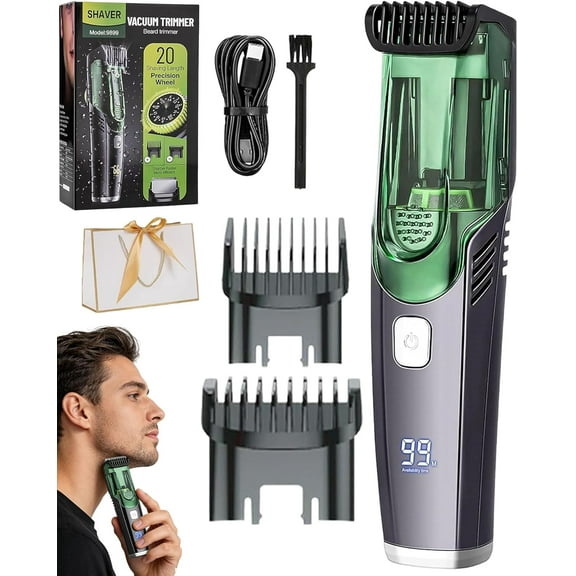 Built-in Vacuum Trimmer, Vacuum Beard Trimmer for Men, with Waterproof and Rechargeable Function, Adjustable 2 In1 Electric Razor, Efficiently Clean, Mustache, Sideburns, Facial Hair(Green)