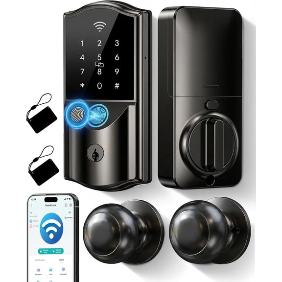 Built-in WiFi Smart Lock with 2 Knobs - Firstriver Fingerprint Keyless Entry Door Lock Set for Front Door, App Control, Keypad Deadbolt, Auto Lock, Compatible with Alexa & Google Assistant, Black
