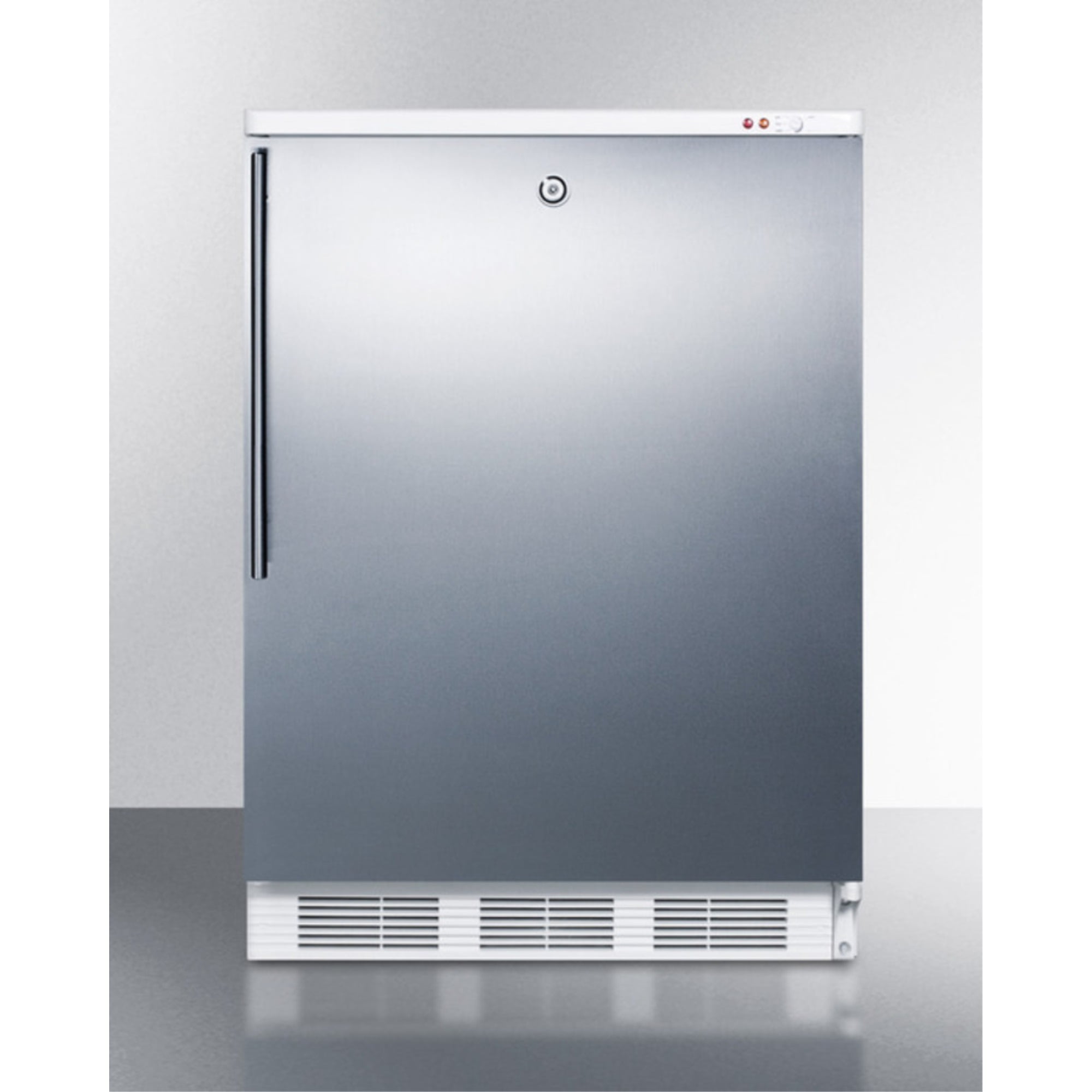 Built-in medical all-freezer capable of -25 C operation, with front lock, wrapped stainless steel door and thin handle