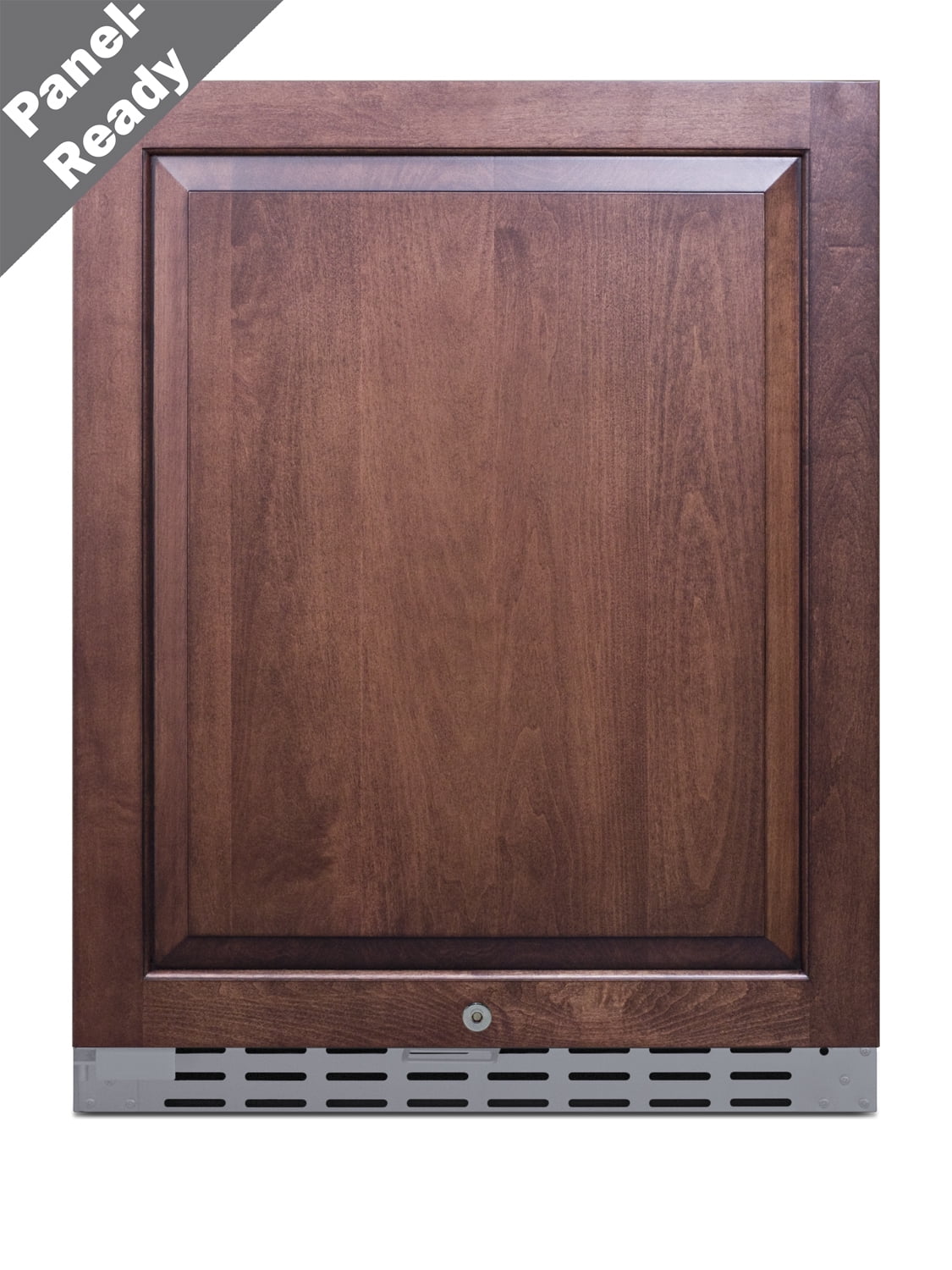Built-in undercounter ADA-compliant all-refrigerator for outdoor use featuring a panel-ready door, stainless steel cabinet, lock, and digital controls