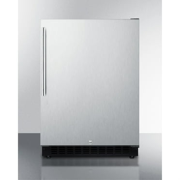 Built-in undercounter ADA compliant all-refrigerator with wrapped stainless steel door, vertical handle, black cabinet, door storage, and digital controls