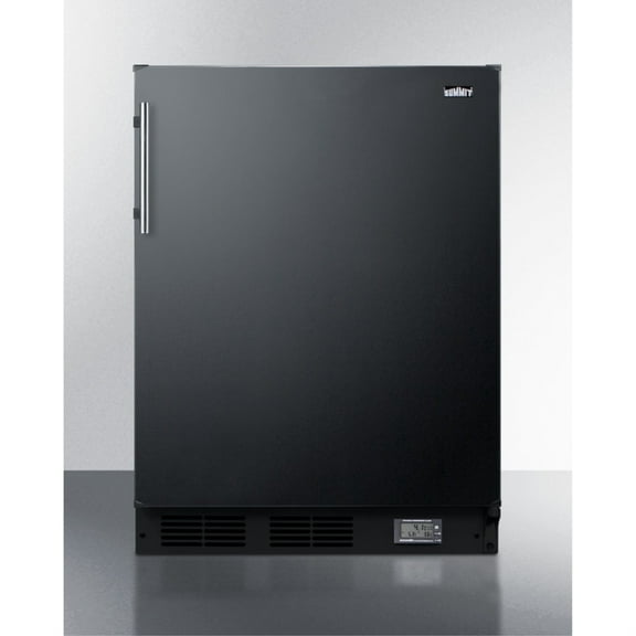 Built-in undercounter ADA compliant break room refrigerator-freezer in black with NIST calibrated thermometer and alarm