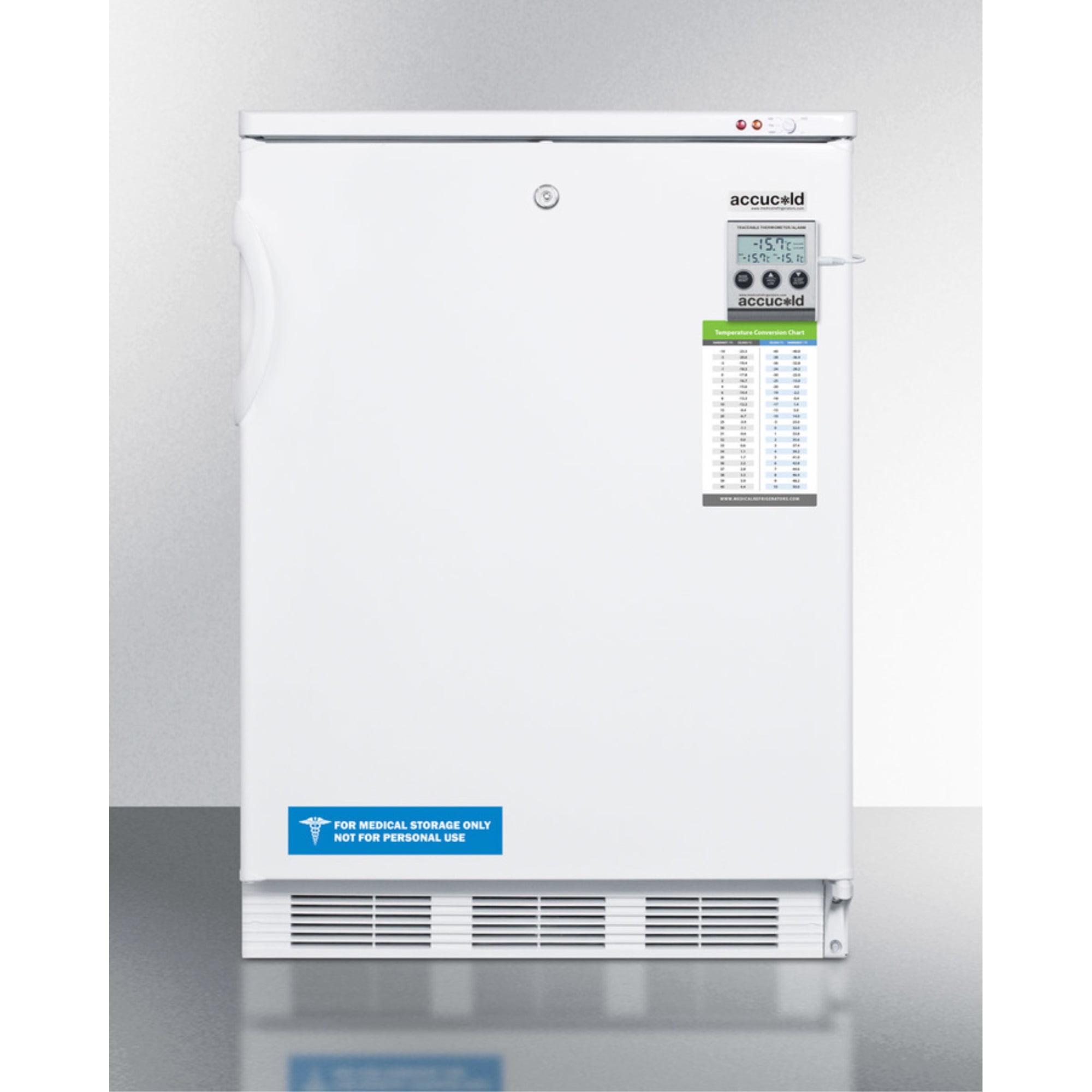 Built-in undercounter freezer capable of -25 C operation; includes audible alarm, lock, and hospital grade plug