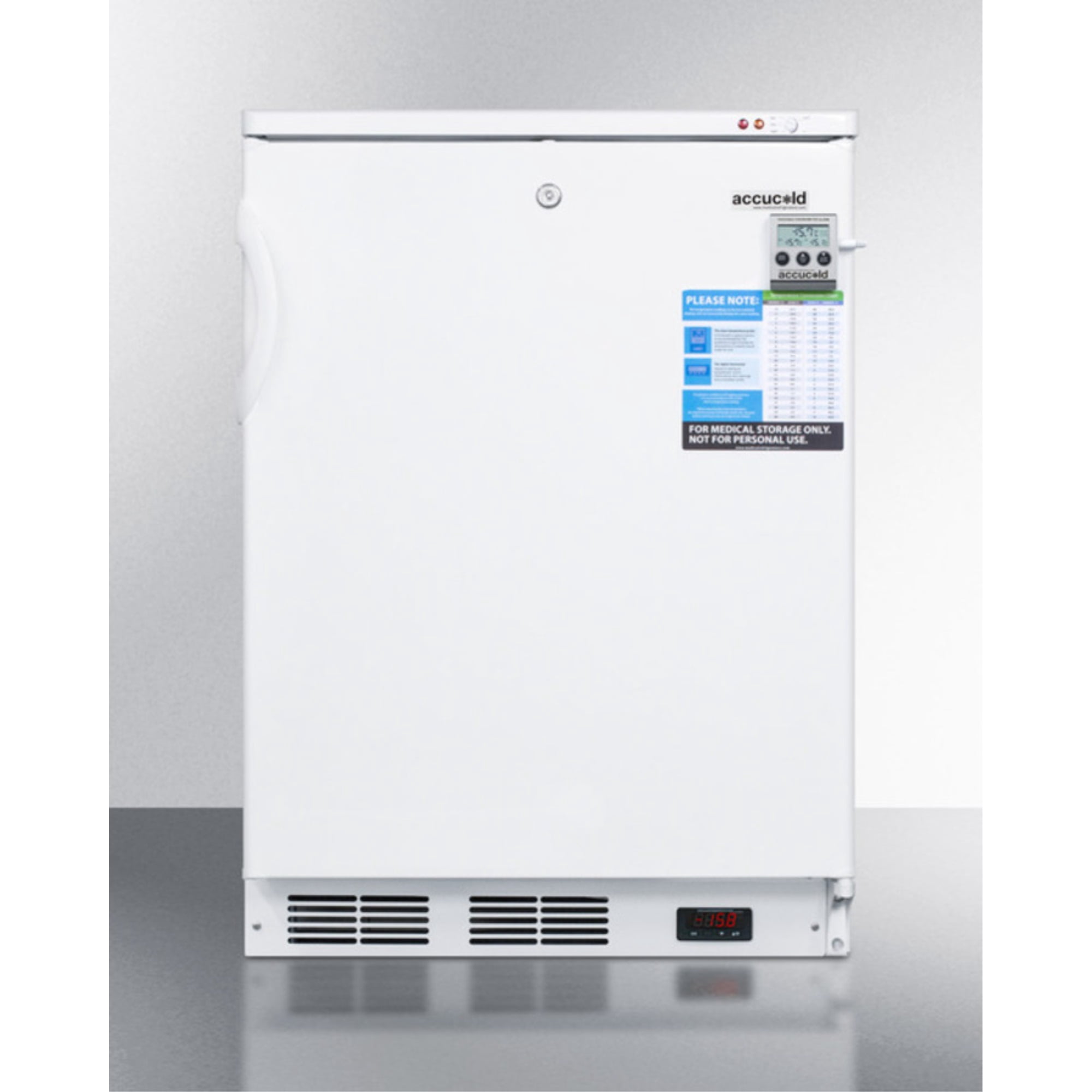 Built-in undercounter vaccine storage all-freezer with digital thermostat, temperature alarm, hospital grade cord, self-closing door, and front lock