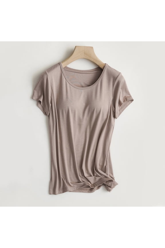 Builtin Bra T Shirt For Womens Padded Active Tops Short Sleeves Blouses Soft Pajama Casual Shirts For Workout Yoga Technical Shirts Women Womens Workout Tops Short Sleeve Apparel T Workout Shirts