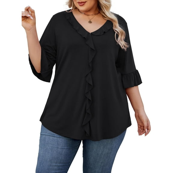 Bukemao Women's Plus Size 3/4 Length Sleeve Top – Dressy Casual Blouse with Ruffle V Neck Shirt