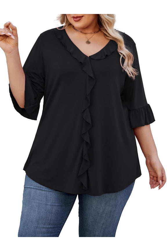Women's Plus Size 3/4 Length Sleeve Top – Dressy Casual Blouse with Ruffle V Neck Shirt