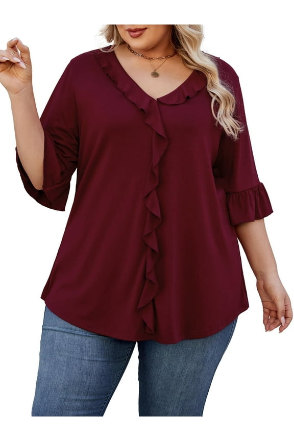 Women's Plus Size 3/4 Length Sleeve Top – Dressy Casual Blouse with Ruffle V Neck Shirt