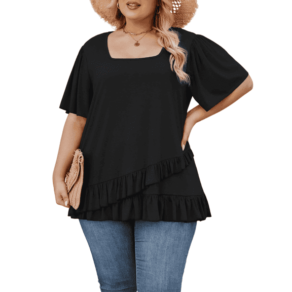 Bukemao Women's Square Neck Peplum Blouse - Plus Size Casual Flowing Summer Top with Short Sleeves