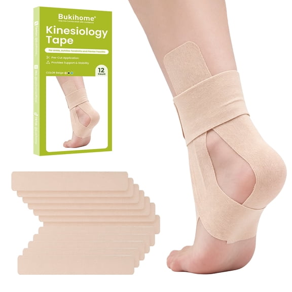 Bukihome 12 Pcs Beige Pre-Cut Ankle Kinesiology Tape Latex Free for Sports Recovery