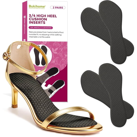 Bukihome 3/4 Length Gel Heel Insoles for High Heels, Prevent Sliding Forward & Blisters, Cushion Pads for Women's Dress Shoes & Sandals, 2 Pairs,Black,Size L