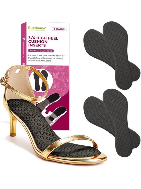3/4 Length Gel Heel Insoles for High Heels, Prevent Sliding Forward & Blisters, Cushion Pads for Women's Dress Shoes & Sandals, 2 Pairs,Black,Size L