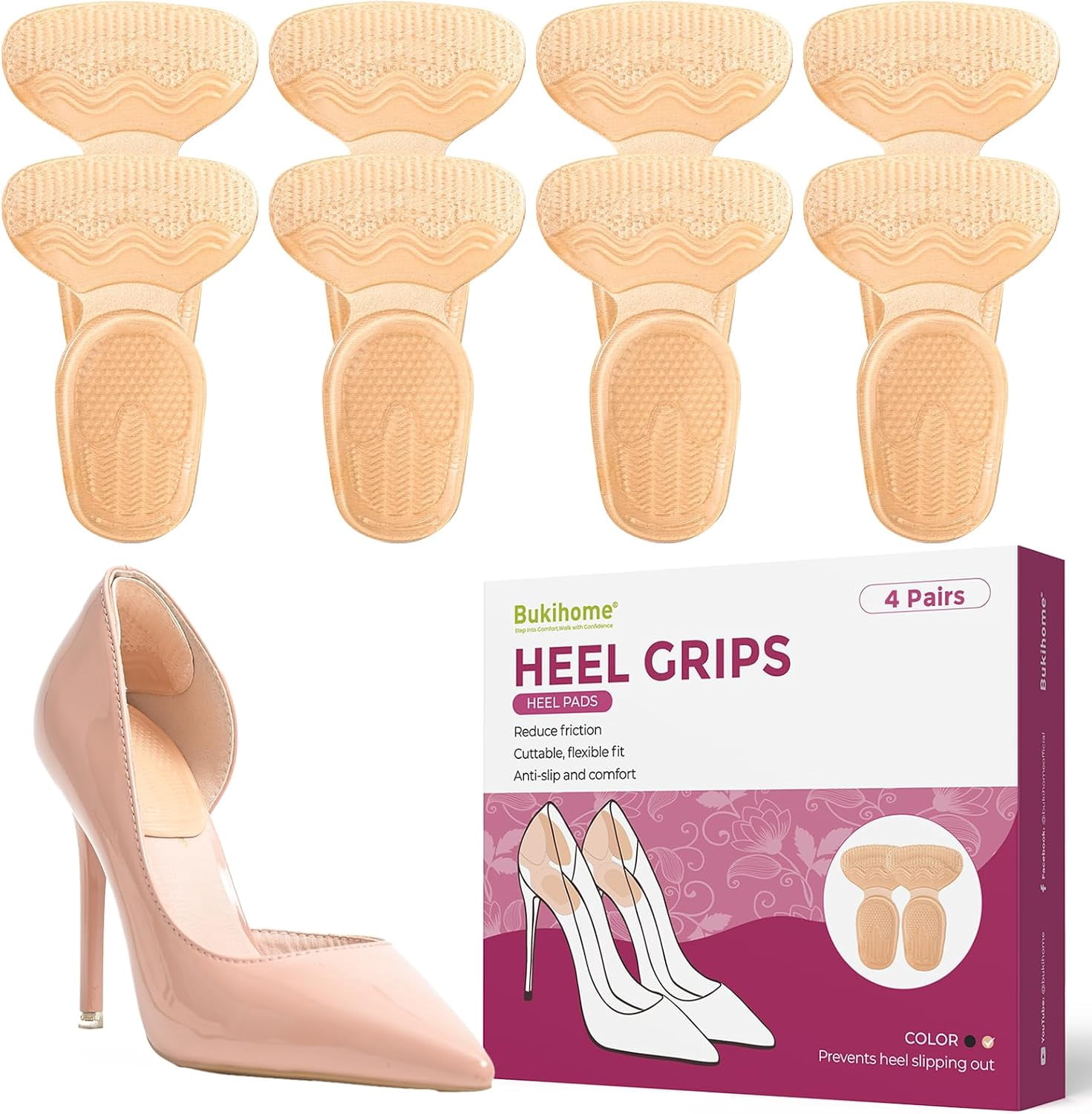Bukihome 4 Pairs Silicone T-Shape Heel Grips Anti Slip Blister ...