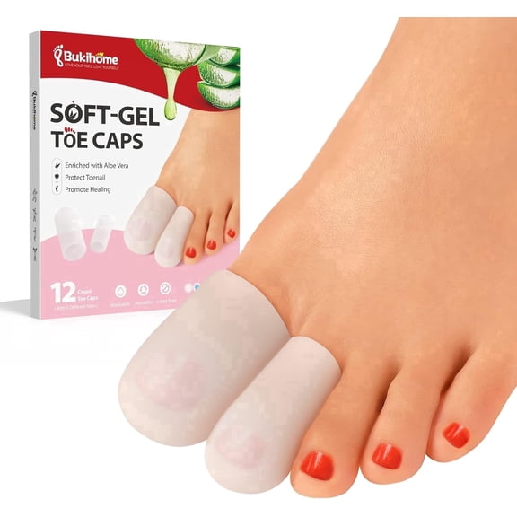 Bukihome Aloe Vera Infused Gel Toe Protectors, Reusable Hypoallergenic Toe Caps for Pain Relief, Blister & Corn Prevention,12Pcs,Clear,Size 8L+4S