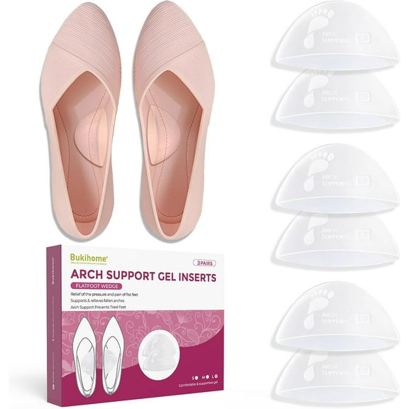 Bukihome Arch Support Inserts for Plantar Fasciitis - Anti Gravity Design - 3 Pairs Adhesive Gel Arch Pads for Women & Men - High Arch Support Insoles for Flat Feet,Relieve Pressure - Medium