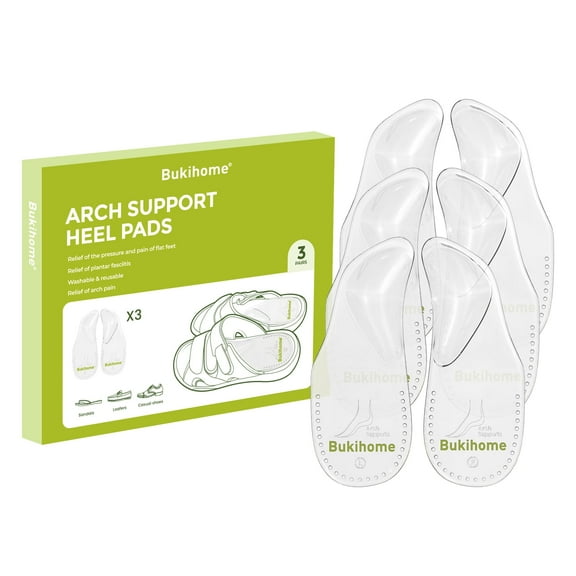Bukihome Arch Support Shoe Insoles for Flat Feet,3 Pairs Gel Arch Inserts for Plantar Fasciitis, Adhesive Arch Pad for Relieve Pressure and Feet Pain (L, Transparent Color)