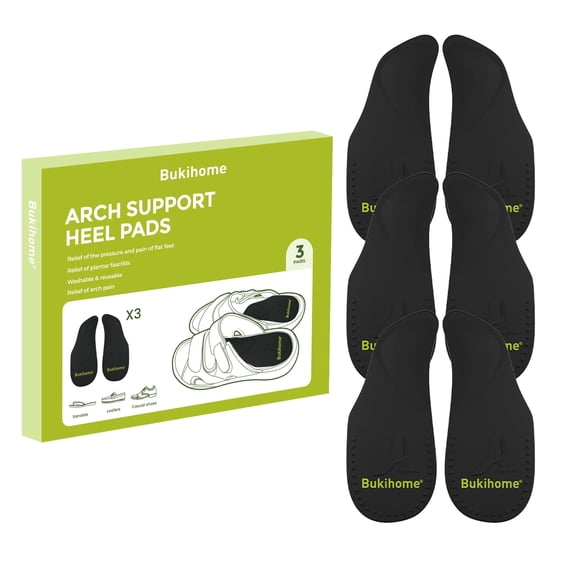 Bukihome Arch Support Shoe Insoles for Flat Feet, Gel Arch Inserts for Plantar Fasciitis, 3 Pairs Adhesive Arch Pad for Relieve Pressure and Feet Pain (S, Black)